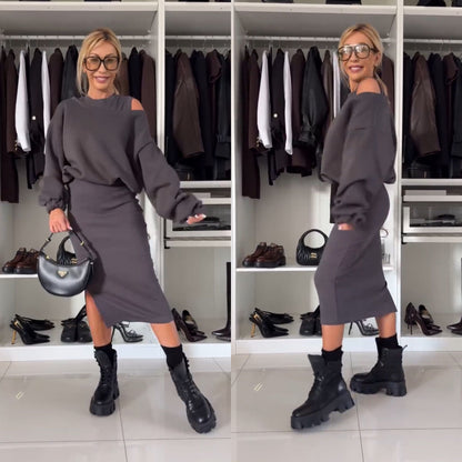 Leah Luxe | Ensemble avec top épaules dénudées et jupe midi